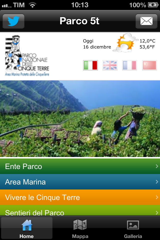La schermata iniziale del sito mobile del Parco